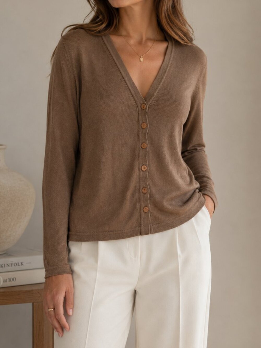 Barry Bricken 100% Silk Cardigan Womens M Brown Quiet Luxury Button Sweater